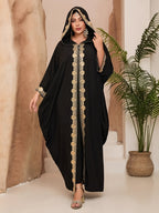 An Elegant Golden-trimmed Embroidered Abaya, Simple yet Sophisticated, Suitable for Women's Daily Wear and Prayer, Usable in All Seasons. Elegant Hooded Abaya for Women, Luxury Golden Lace Trim Muslim Maxi Dress, Black Kaftan with Hood - Black