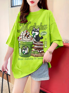New Summer Collection of Plus-Size Loose-Fitting Stylish Cartoon Print Women'S Mid-Length Short-Sleeve T-Shirts - K136-G