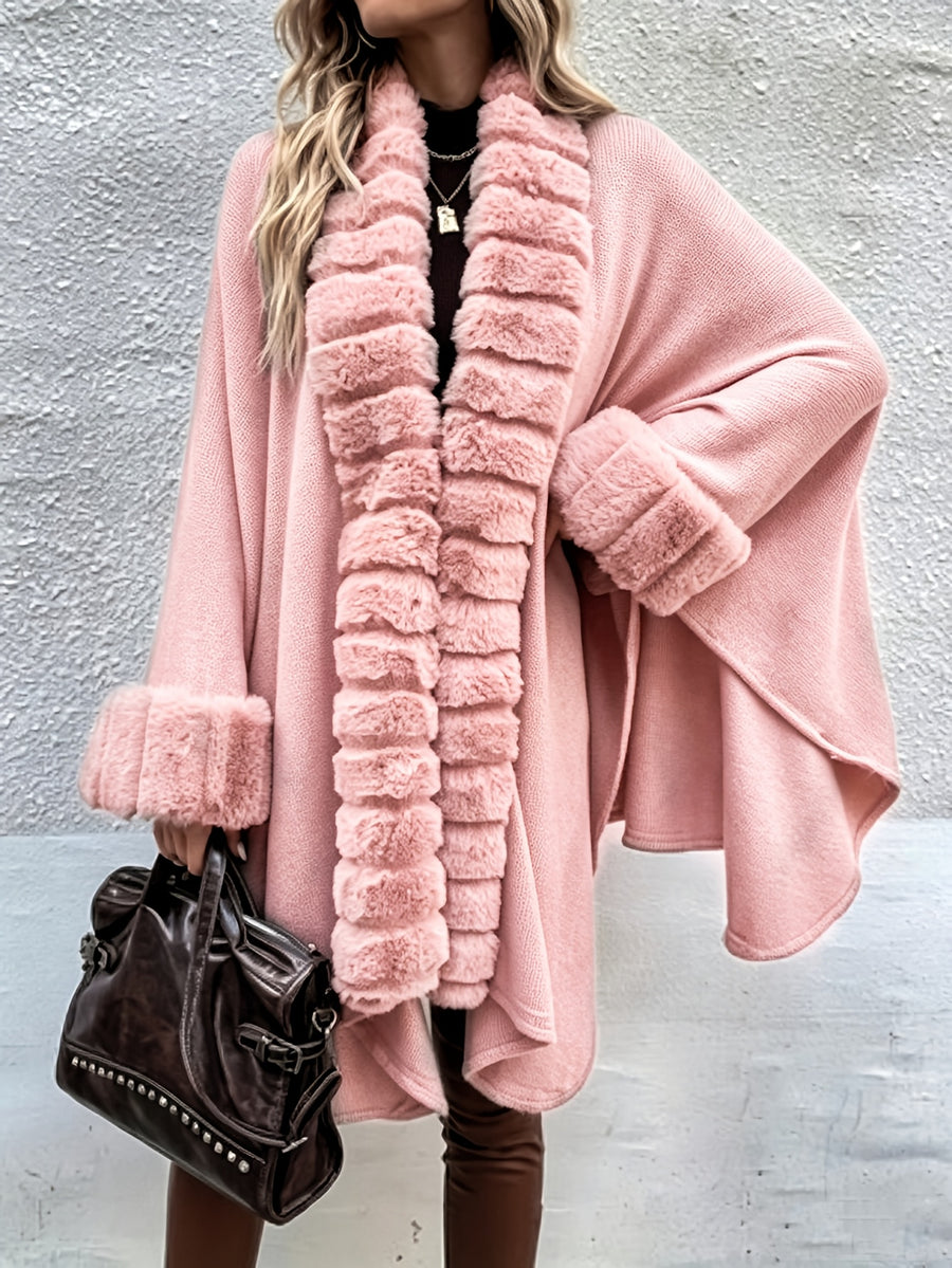 Western Autumn Winter New Mid-Length Luxurious Faux Patchwork Cardigan Sweater Tassel Shawl Cloak Coat - Pink Color