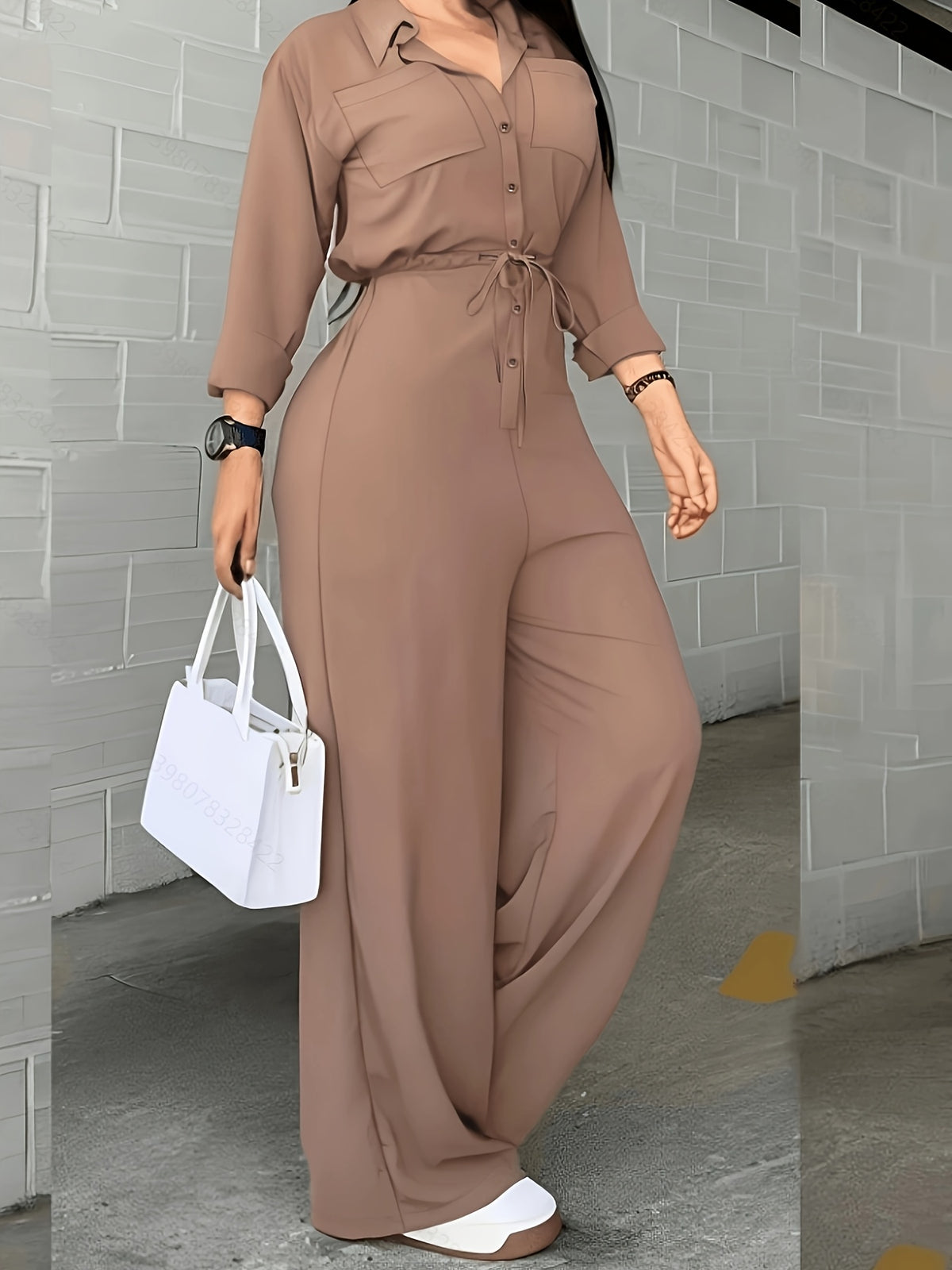Women'S Spring Autumn Fashion Casual Shirt Button Drawstring Jumpsuit - Camel