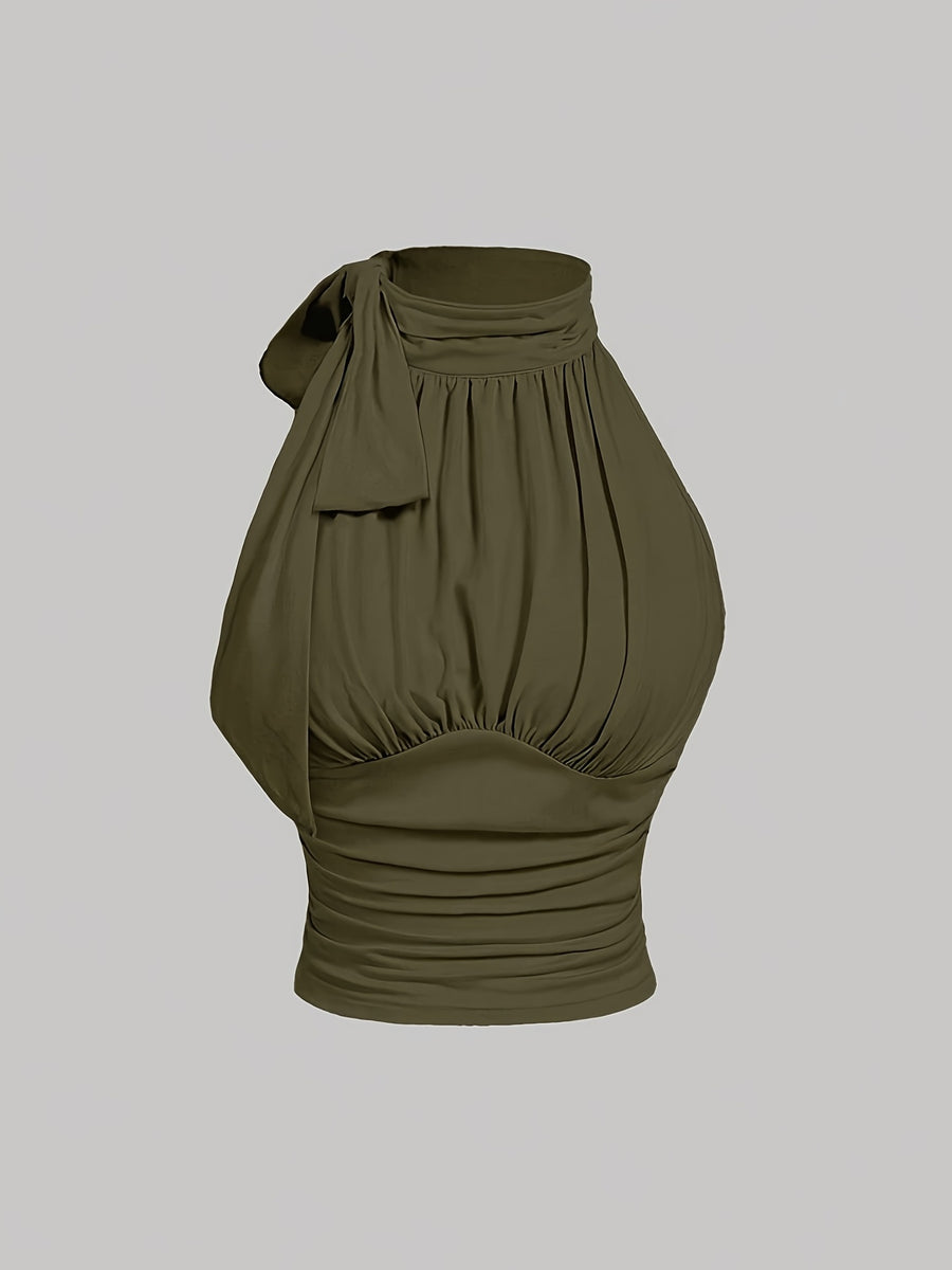 Chic Sleeveless Bodycon Top for Women - Sexy Stand Collar with Ruched Detail, Solid Color Black, Polyester Blend, Perfect for Office & Club Wear, Versatile Fashion | Sexy Sleeveless Top | Polyester Blend - Army Green