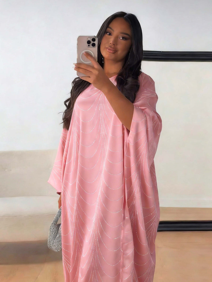 Ramadan Middle East Muslim New Women's Fashion Loose Rhinestone Batwing Sleeve Abaya Gown - Pink Color