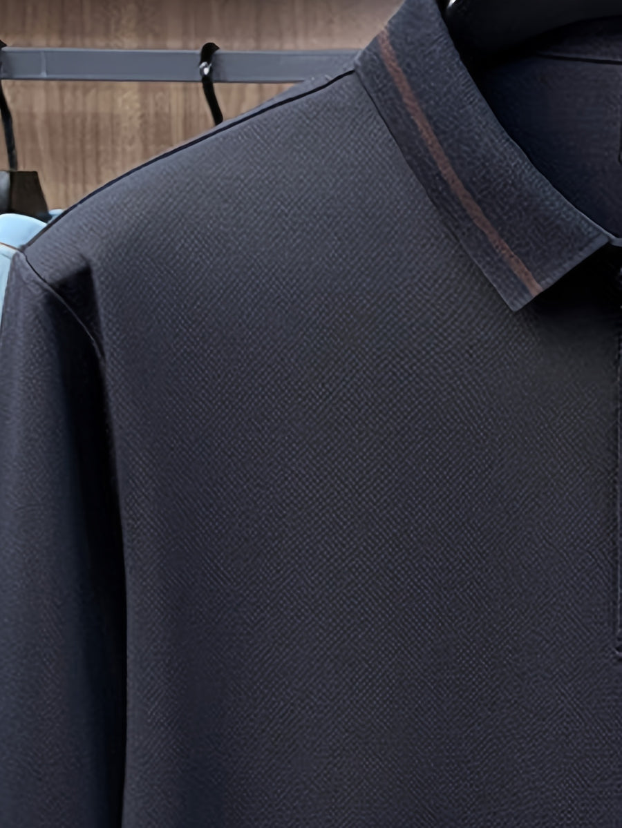 Men's Three-Button Lapel Long-Sleeve Polo Shirt, Suitable for Commuting to Work, Daily Outings, and Layering or Wearing on Its Own - SINBOS - Navy Color
