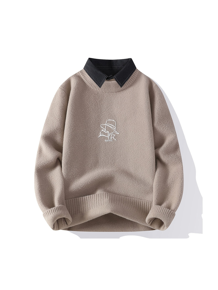 New Autumn And Winter Styles for Young Men'S Lapel Fake Two-Piece Knitted Sweater, Warm Sweater, Fashionable, Casual And Versatile - Khaki