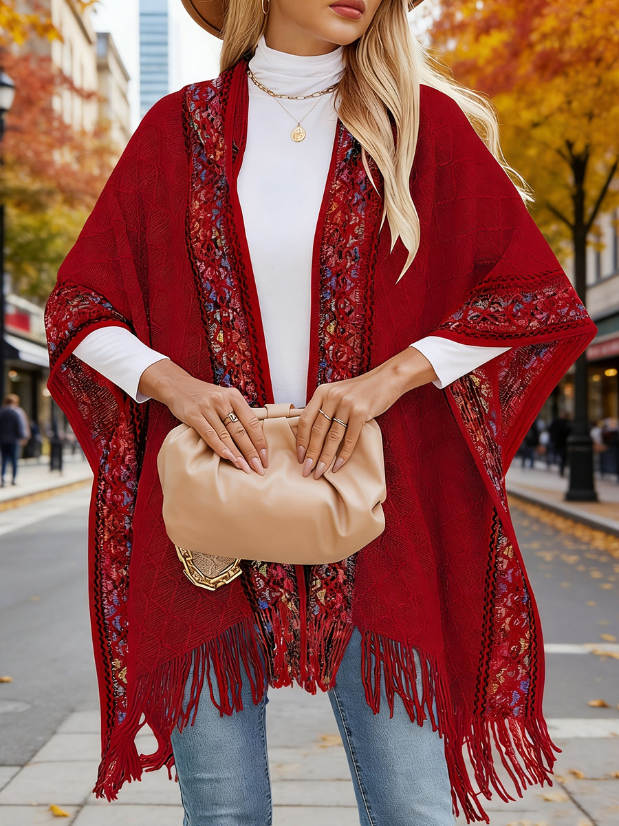 Elegant Special Edition 'Net Body Bust' Vacation Style 1pc Women's Diamond Jacquard Hooded Cape Cardigan, Vintage Ethnic Style Solid Color Tassel Fashionable Elegant European and American Style Warm Sweater Coat, Suitable for Spring, Autumn - Red