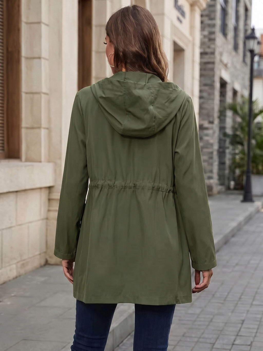 Spring And Autumn Styles. Casual Workwear, Drawstring Waist Belt, Hooded Jacket - Olive Green