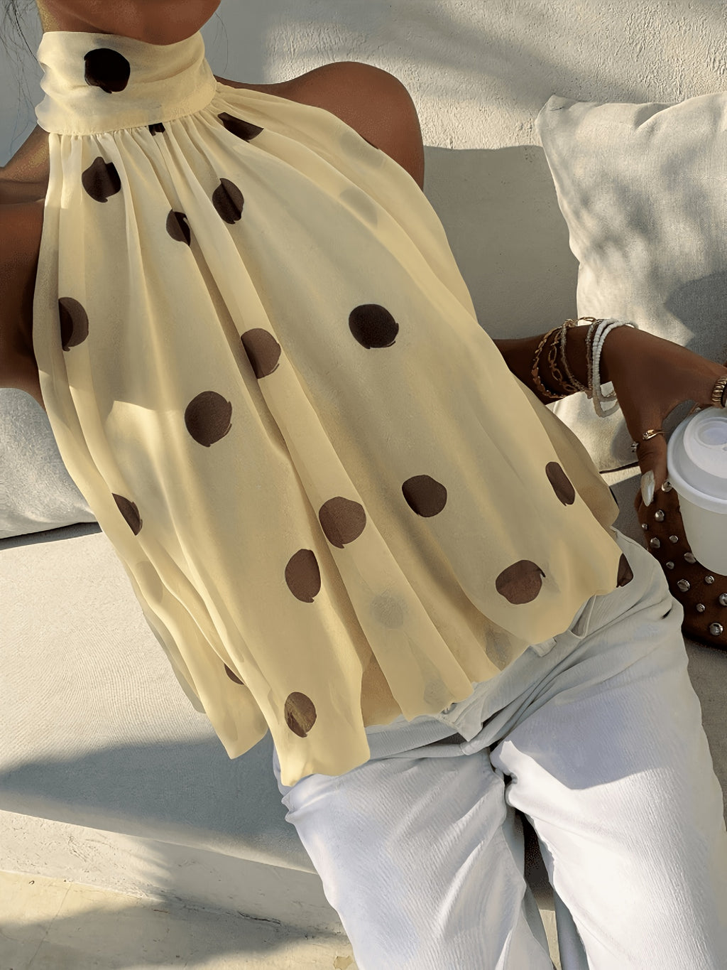 Women'S Elegant Polka Dot Print Backless Cami Top, Summer Slim Fit, Suitable for Holidays, Weddings, And Vacations. This Polka Dot Chiffon Top Features a Bud-Like Design, Off-The-Shoulder Cut, Perfect for Date Nights - Yellow