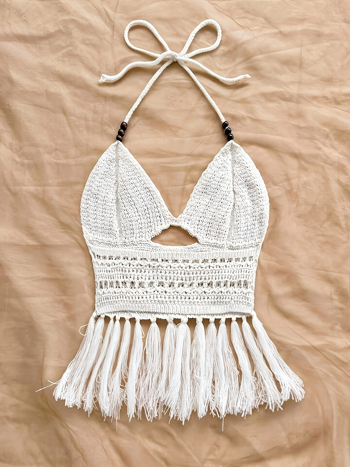 Spring Summer New Women'S Vacation Style Crochet Halter Top Solid Color Tassel Trim Hollow Out Beach Top, Bohemian Style, Date Outing, Valentine'S Day Gift, Music Festival Outfit, Mother'S Day, Beach Vacation [ASD1] - White