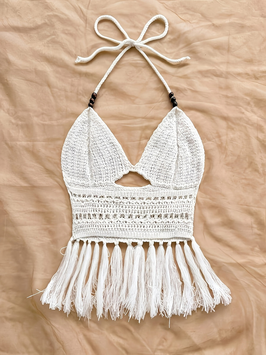 Spring Summer New Women'S Vacation Style Crochet Halter Top Solid Color Tassel Trim Hollow Out Beach Top, Bohemian Style, Date Outing, Valentine'S Day Gift, Music Festival Outfit, Mother'S Day, Beach Vacation [ASD1] - White