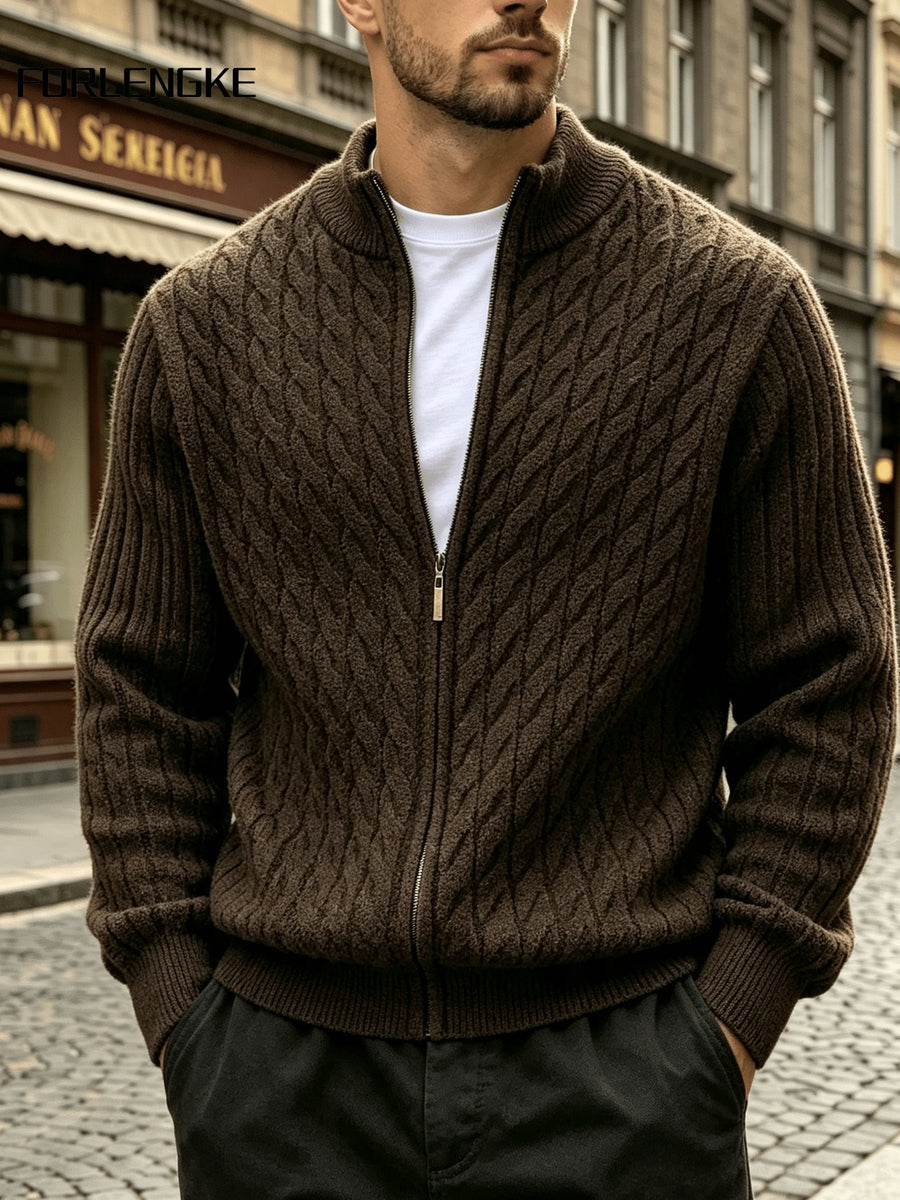 FORLENGKE Autumn/Winter Men's Zipper Cable Knit Cardigan, Three-Dimensional Twisted Floral Texture Knit Outerwear, Solid Color Simple Cuff Long Sleeve Top, Streetwear Commute Daily Casual Wear, Versatile Spring/Autumn Men's Outer Knit Cardigan - Coffee Color