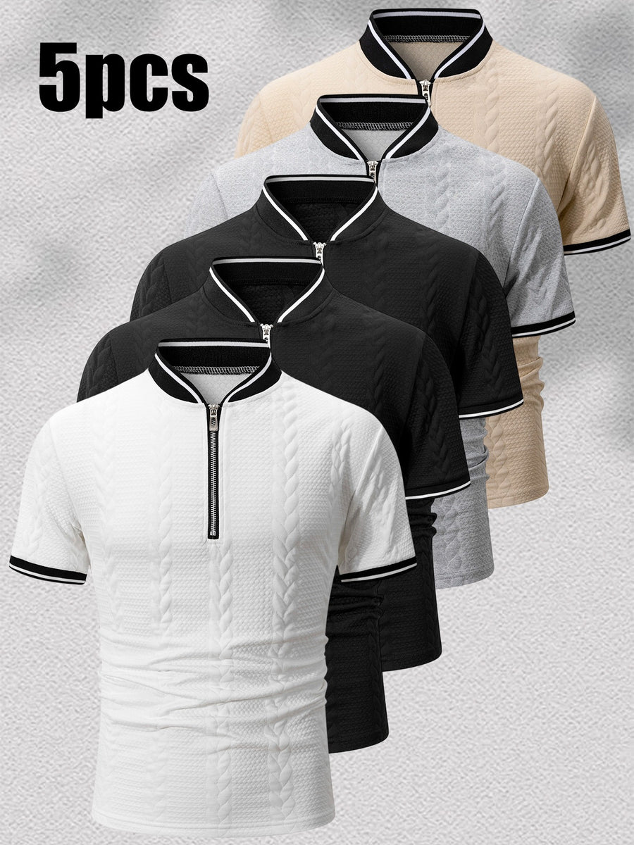 5pcs Men'S 3D Textured Half-Zip Polo Shirt, Black And White Contrast Striped Collar Breathable Casual T-Shirt, Trendy Textured Polo with Contrast Trimmed Collar And Cuffs, Full-Zip Front Design, Hiking Outdoor Sports Camping Daily Casual Wear - Book White + Black + Black + Light Gray + Khaki