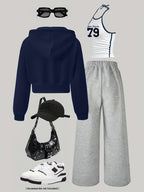 Women's 3pcs Set: Jacket, Number + Letter Print Vest, Wide-Leg Pants Set | Casual Loose Autumn/Winter Outfit | Complete Autumn/Winter Outfit | Color-Block Vest Hooded Jacket and Pants Set | Suitable for Daily Wear, Commuting, - Navy Blue/White/Gray