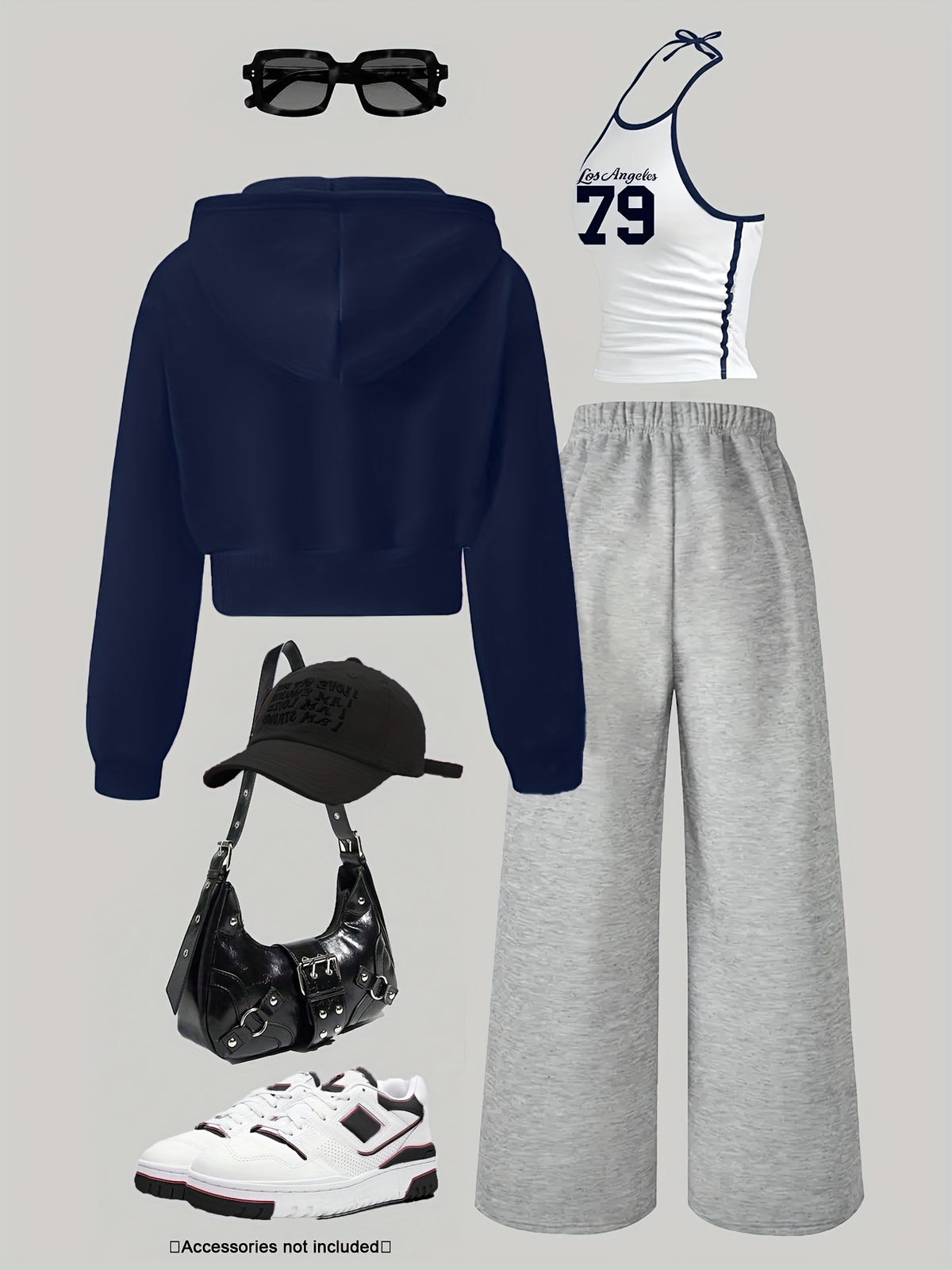 Women's 3pcs Set: Jacket, Number + Letter Print Vest, Wide-Leg Pants Set | Casual Loose Autumn/Winter Outfit | Complete Autumn/Winter Outfit | Color-Block Vest Hooded Jacket and Pants Set | Suitable for Daily Wear, Commuting, - Navy Blue/White/Gray