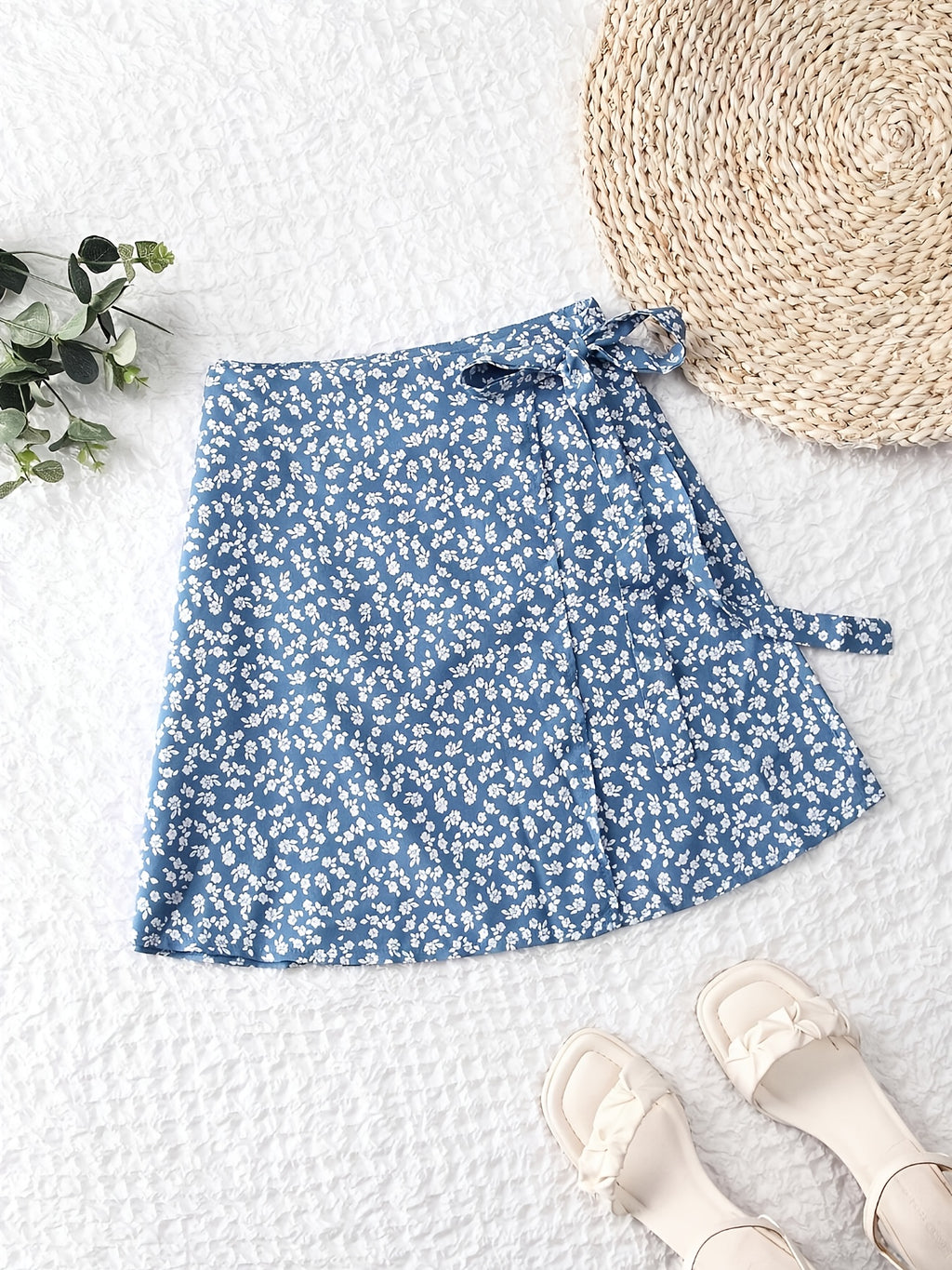 Floral Print Wrap Tie Midi Skirt - Peacock Blue