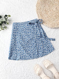 Floral Print Wrap Tie Midi Skirt - Peacock Blue