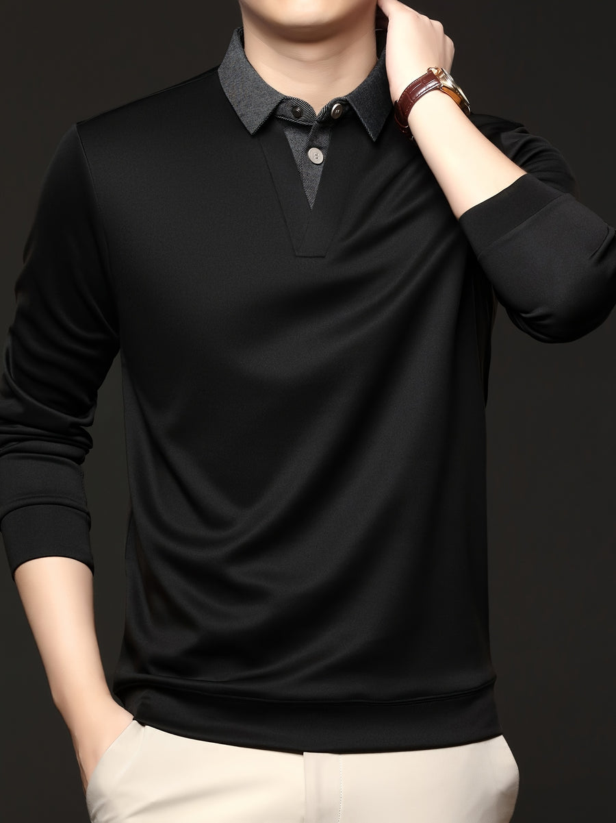 Men's Autumn/Winter 2-in-1 Look Polo Sweatshirt, Pullover Top, Business Casual, Daily Outings, Versatile and Durable, Warm and Comfortable, Ideal Gift Choice - Black