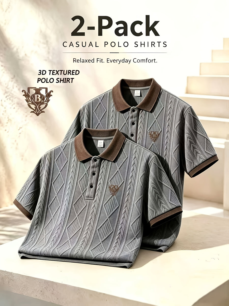 2pcs, High-Quality Men'S Short Sleeve Collared Casual Polo Shirts, 3D Foam Classical Vase Pattern, Textured Ribbed Fabric, Soft And Skin-Friendly Quick-Dry, 3D Cut, Understated And Tasteful. Suitable for Business Office, Outdoor Sports - Gray + Gray