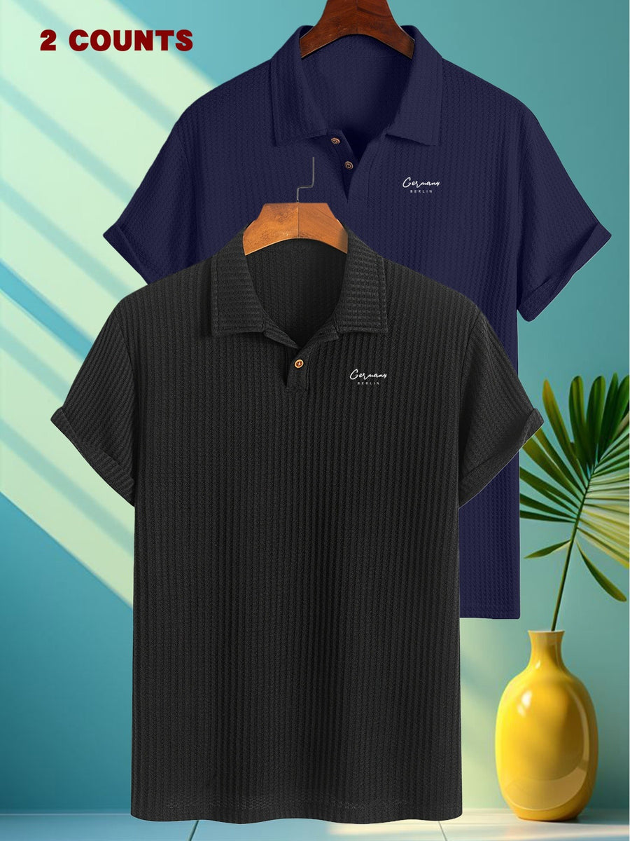 FM350 Crown And Ten Print Pattern 2pcs Set Summer Men'S Textured Jacquard Short-Sleeved POLO Shirt Comfortable Casual Soft Knitted Lapel Daily Business Top Gift - Black + Navy