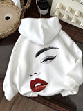 [Hot Style] Red Lip and Eye Makeup Printed White Hoodie, Fashion Personality Sweater, Trendy Daily All-match Top - White