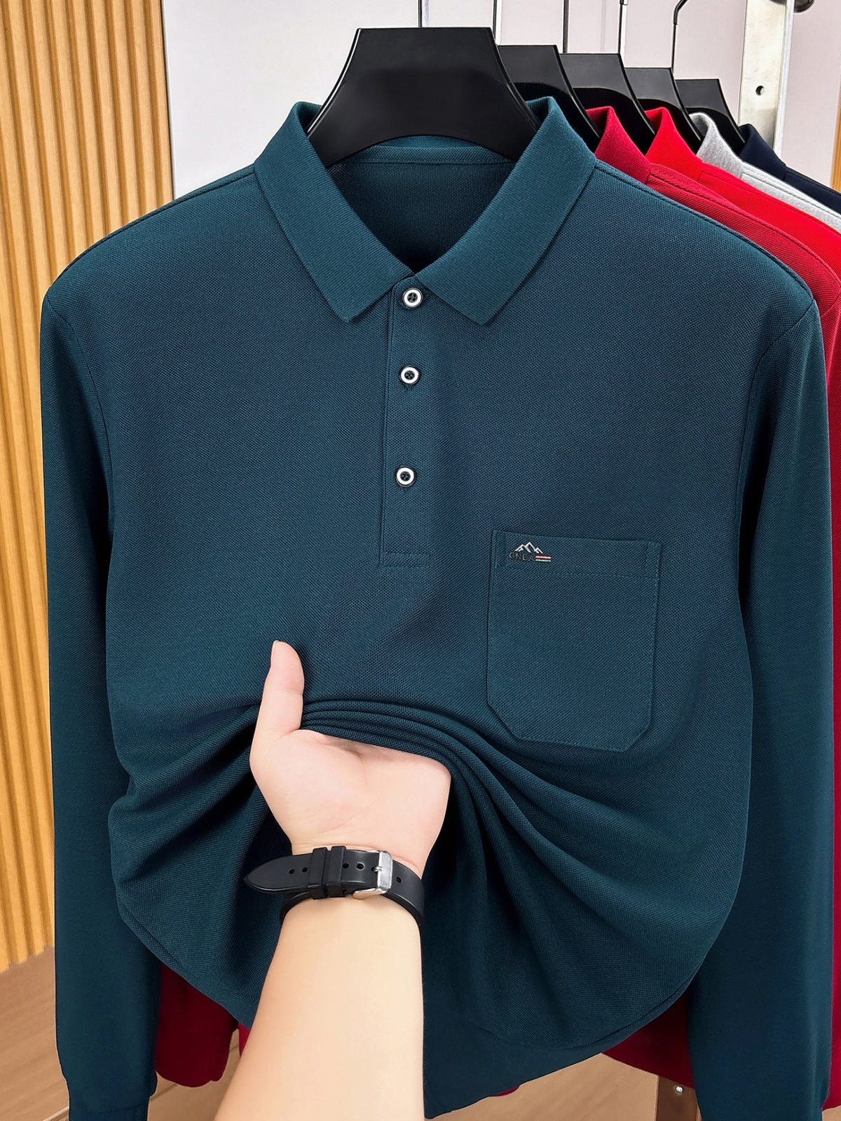 Men'S Clothing Christmas Father'S Day Gifts Golf Fishing Tennis Sports Solid Color Lapel Long Sleeve Polo Shirt Soft Skin Friendly Real Pocket Casual Pullover Top for Middle-Aged Elderly Dad Grandpa Spring Autumn Daily Wear - Dark Green
