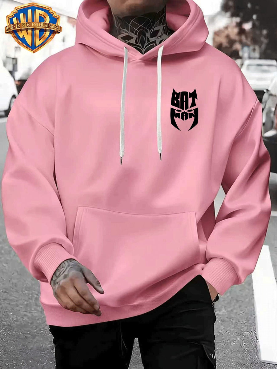 Casual Sporty Loose Hooded Sweatshirt, Retro Batman Comic Patchwork Cartoon Print, Men'S Casual All-Match Adjustable Drawstring Hoodie Comfortable Casual Autumn Winter Wear, for Sports, Outdoors, Picnics, Travel, Daily Home Wear - Pink