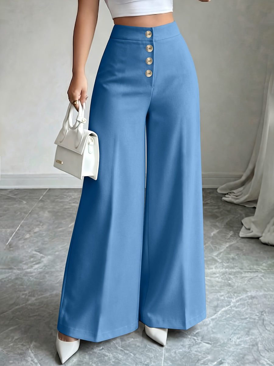 Women's New High Waisted Blue Straight Leg Pants with a Single Breasted Front, Simple, Elegant and Fashionable Pants - Vibrant Blue