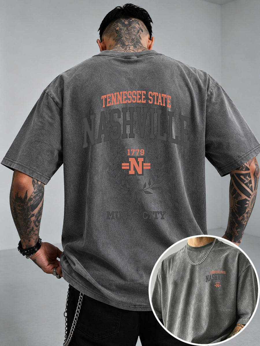 NASHVILLE Music City Text Print Men'S Vintage Washed Loose Short Sleeve T-Shirt - Grey