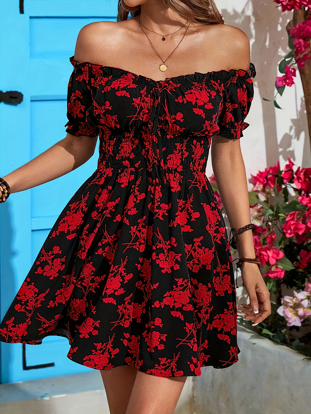 Spring/Summer Holiday Pattern Off-Shoulder Slim Dress - Black