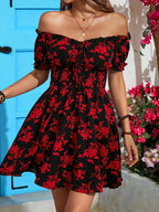 Spring/Summer Holiday Pattern Off-Shoulder Slim Dress - Black