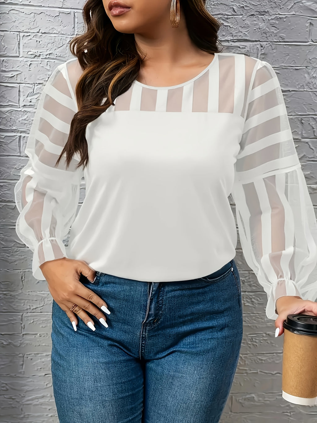Women's Elegant Lace Trim Long Sleeve T-Shirt - Loose Fit Solid Black Top, Round Neck All-Season Machine Washable Blouse for Casual & Formal Wear, Versatile Fashion, Sophisticated Style, Layered Texture - White