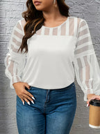 Women's Elegant Lace Trim Long Sleeve T-Shirt - Loose Fit Solid Black Top, Round Neck All-Season Machine Washable Blouse for Casual & Formal Wear, Versatile Fashion, Sophisticated Style, Layered Texture - White