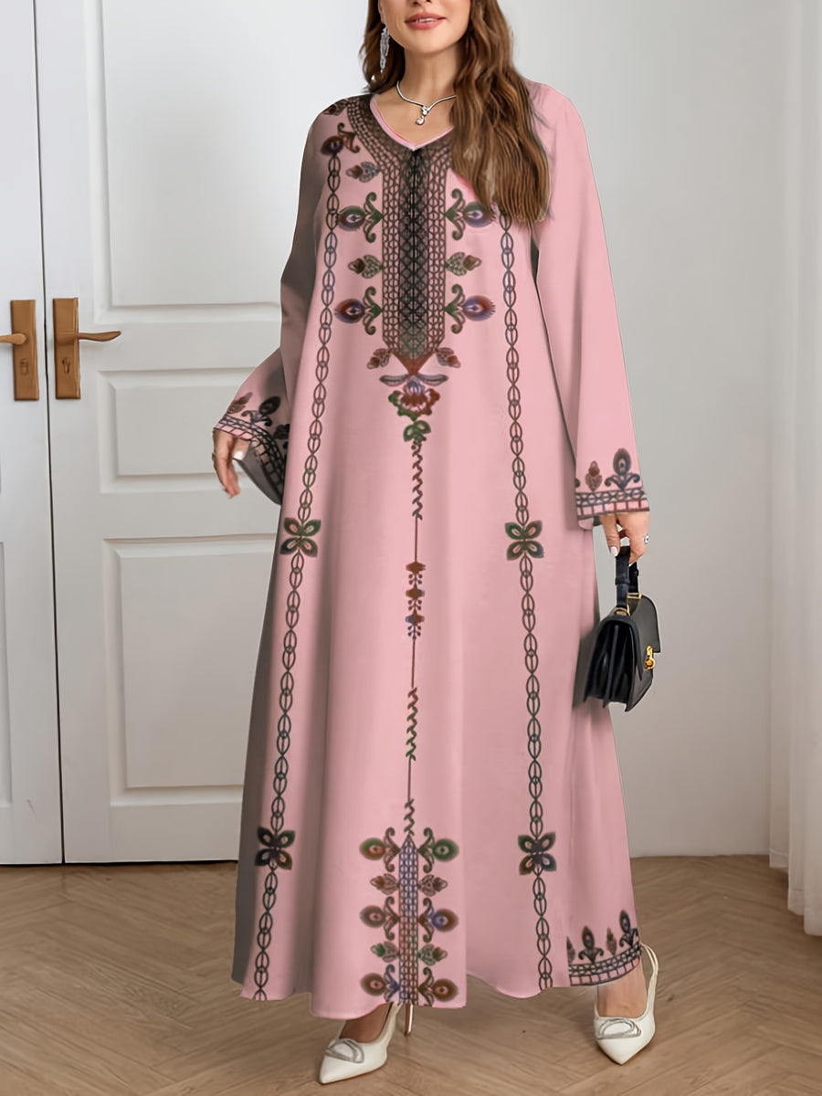Newly Arrived Elegant Robe for The Middle Eastern Style in 2026, Featuring Ethnic Prints And a Long Skirt Suitable for Ramadan, Eid Al-Fitr, And Eid Al-Adha. This Loose And Comfortable Long-Sleeve Dress Is Perfect for Commuting And Vacationing - Pink Color