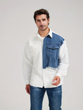 Men'S Faux Denim Patchwork Shirt, Long Sleeve Shirt, Men'S Light Mature Style, Men'S Clothing, High-End Feel, Niche Design Feel, Contrasting Color Autumn And Winter Faux Denim Shirt - Color Matching