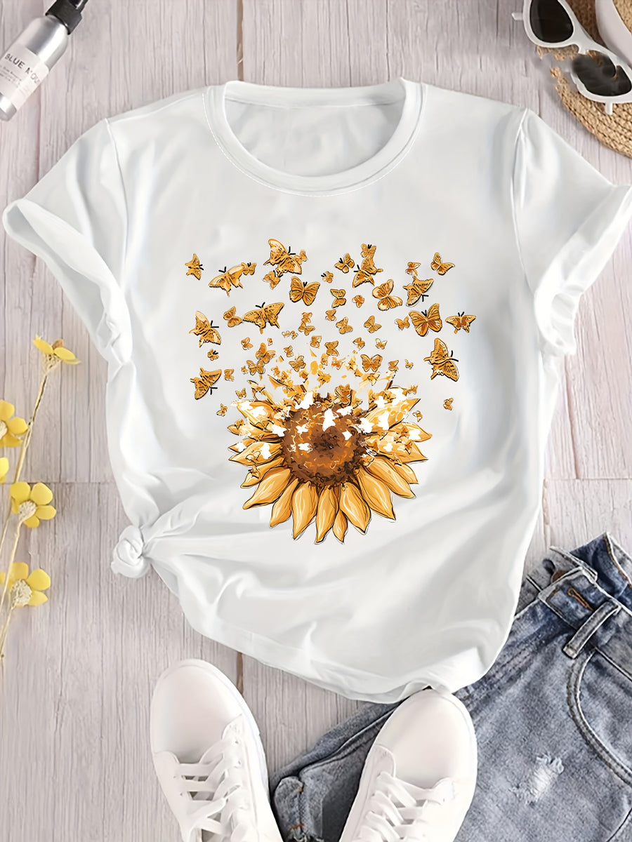 Sunflower Pattern Print - with Bow Design - Casual Round Neck, Short Sleeve, Spring/summer Fashion T-shirt - White
