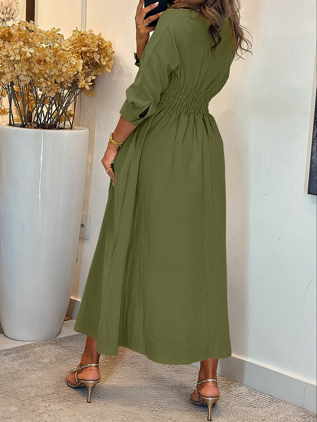 Fashion Women'S Classic Stand-Up Collar Single-Breasted Dress Elegant Ruffled Patchwork Long-Sleeved Dress Long Spring And Autumn 12010 - fern green