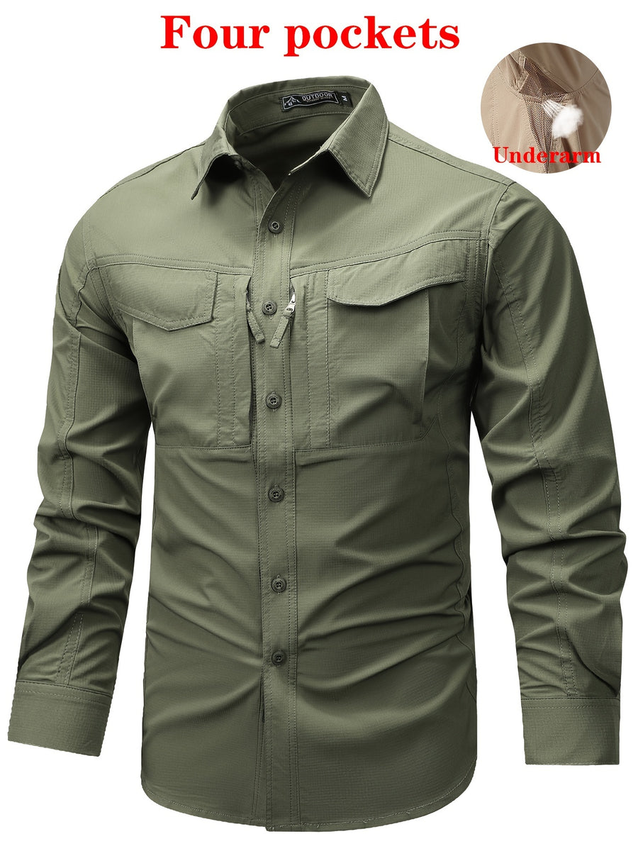 Outdoor Multi-pocket Functional Combat Quick-drying Shirt Casual Quick-drying Sports Shirt Thin Style with Four Chest Pockets and Armpit Ventilation Holes, Hunting - fern green