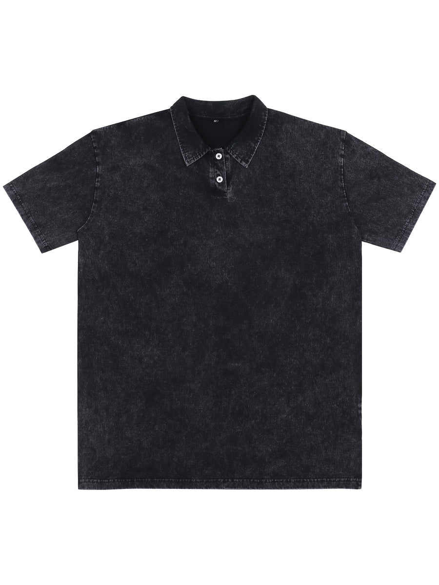 New American Hip-Hop Punk Style Washed Black Short Sleeve Lapel Loose Polo T-Shirt for Men And Women - Retro Distressed Design, Lightweight And Breathable Fabric, Streetwear Trendy Loose Polo Top, Suitable for Casual Wear And Outdoor Activities - Black
