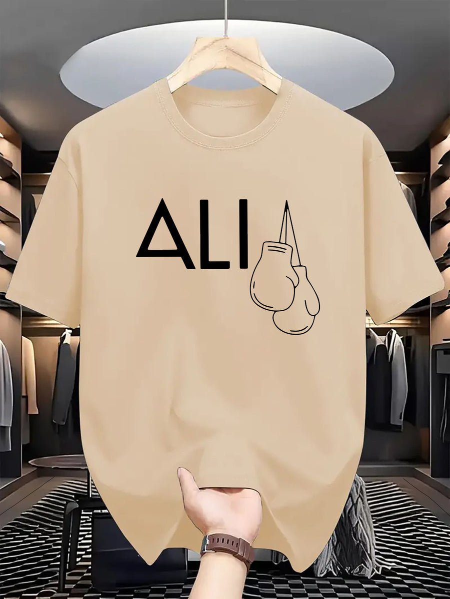 Men's Casual and Fashionable Letter Printed T-shirt, Round Neck Comfortable Polyester Fabric, Suitable for Daily Wear as Fashionable Streetwear, Men's Clothing - Apricot
