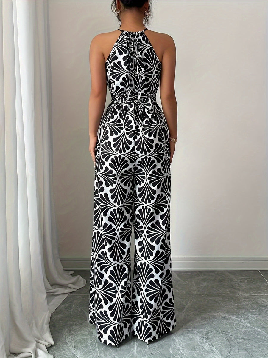 Women'S Printed Fabric Ruched Jumpsuit with Halter Neck, Elegant for Holiday And Everyday Wear - Multicolor