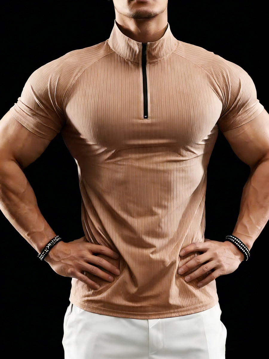 Six-color Men's Summer Casual Half-zip Short-sleeve Shirt - Made of 240g Ribbed Piqué Breathable Stretch Fabric, Featuring a Half-zip Stand-up Collar Design, Lightweight and Comfortable, Suitable for Casual Wear, Gym or Outdoor Activities, Sportswear - Khaki
