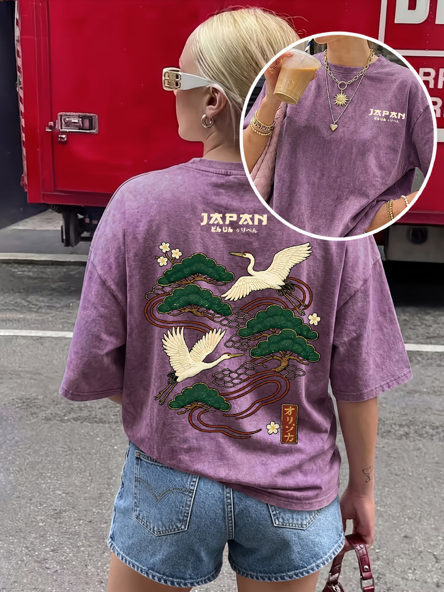 2026 Fashionable Trendy New Distressed Design Japanese Crane Pine Branch Print American Vintage Street Style Women'S Distressed All-Match Casual Retro Short Sleeve T-Shirt - Purple