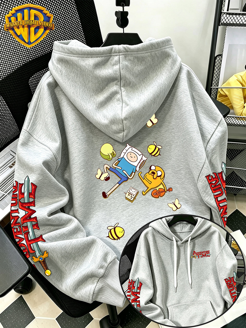 Warner Bros Official Adventure Time Finn & Jake Lying Casual Cartoon Print Hooded Sweatshirt - Men's Versatile Casual Sweatshirt, Comfortable Autumn/Winter Wear, Ideal for Sports, Outdoors, Outings, Travel, and Daily/Commute/Home Use, the Perfect - Light Grey