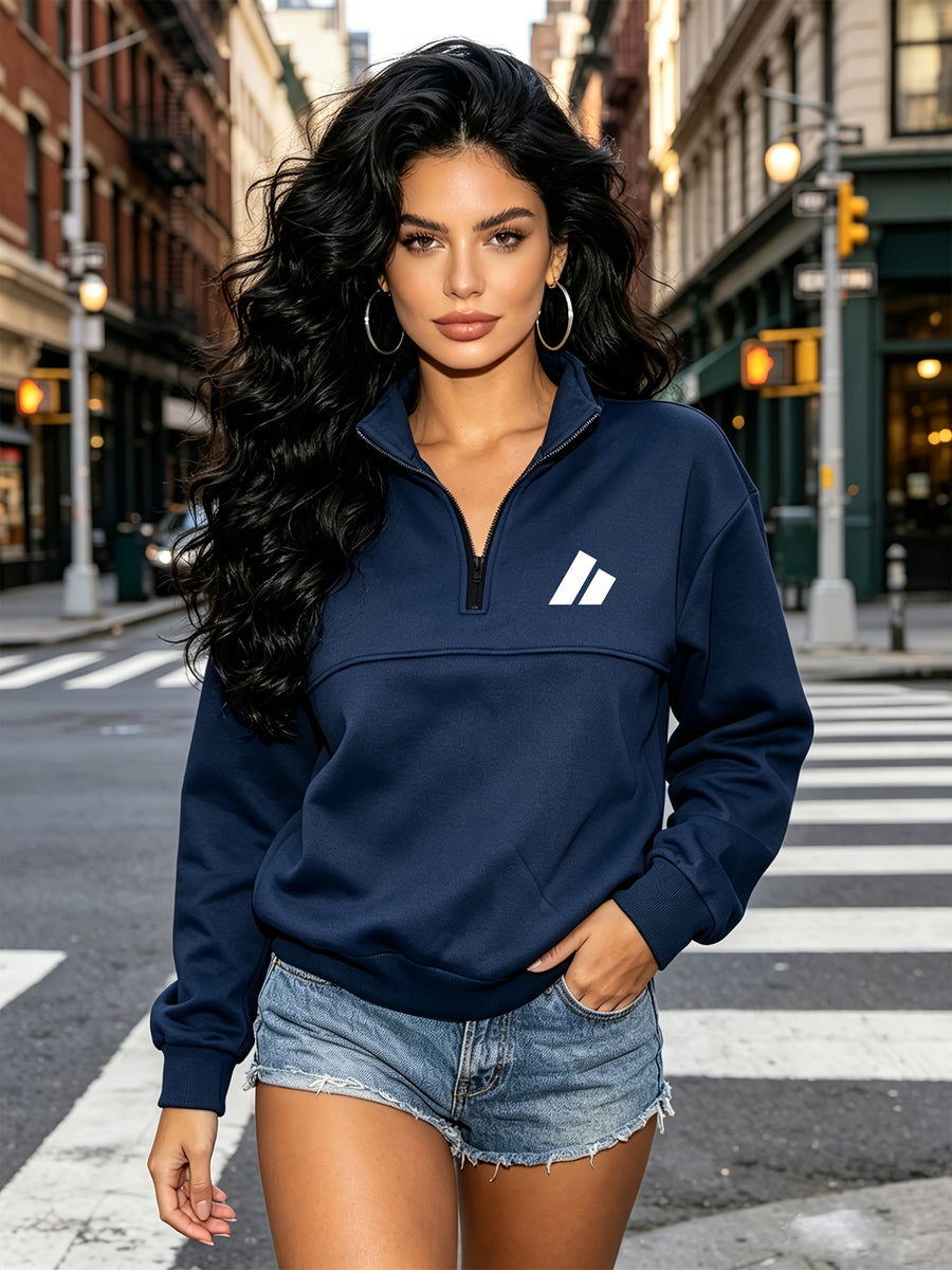 Women's Half-Zip Stand Collar Triangle Logo Print Sweatshirt, Casual Loose Drop-Shoulder Long-Sleeve Top, -Lined for Autumn/Winter, Versatile And - Navy Color