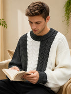 Men'S Vertical Stripe Color-Block Jacquard Round Neck Sweater, Loose Drop Shoulder Fit, Casual Relaxed Style, Flattering for All Body Types, Ideal for Daily Outings, Dates, And Commuting - SINBOS - Grey