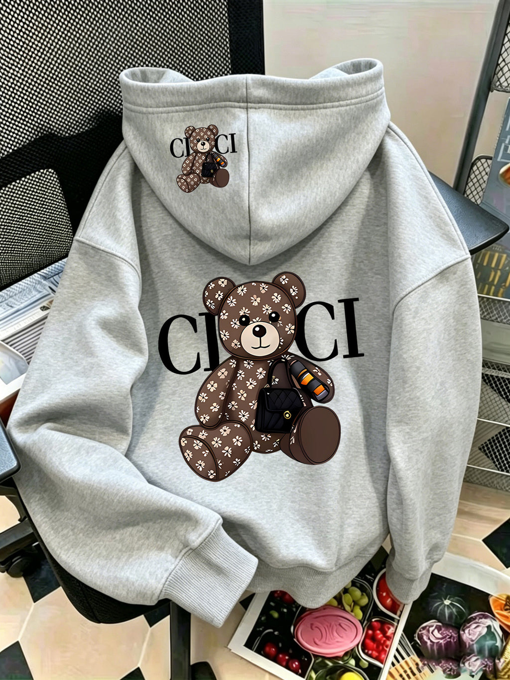 Women Hoodie Sweatshirt, Retro Floral Bear Letter Graphic Pullover Top, Casual Loose Fit Trendy Cartoon Hooded Sweatshirt, S-XXL - Light Grey