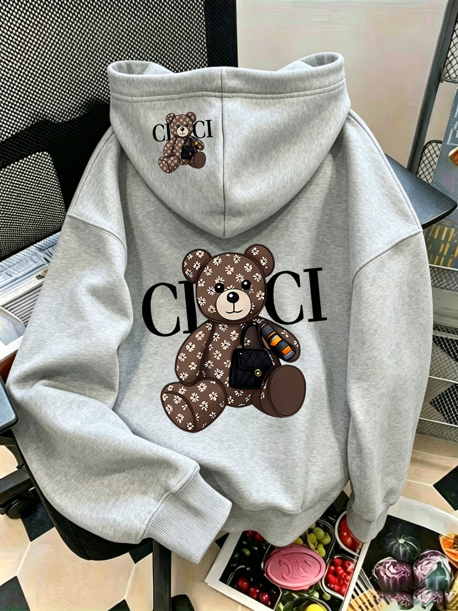 Women Hoodie Sweatshirt, Retro Floral Bear Letter Graphic Pullover Top, Casual Loose Fit Trendy Cartoon Hooded Sweatshirt, S-XXL - Light Grey