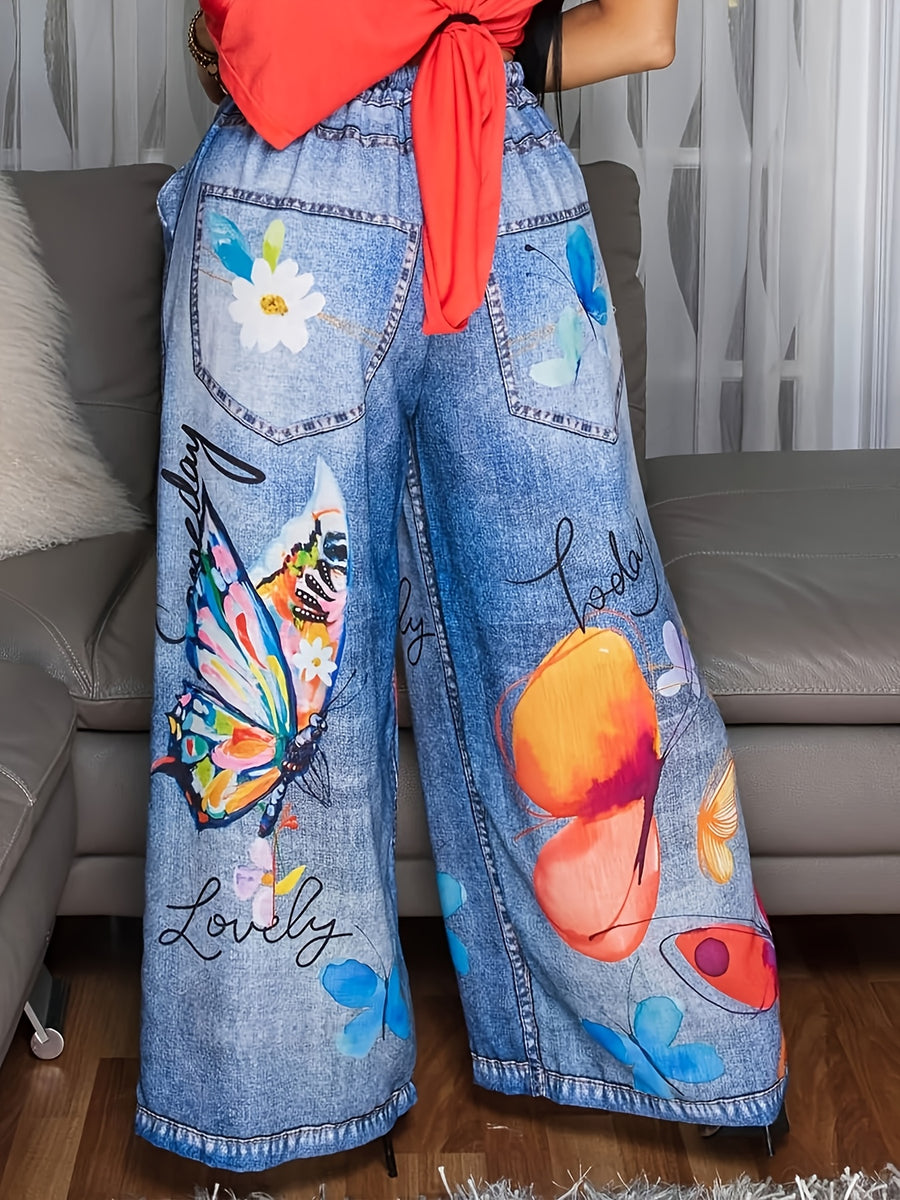 Women's Casual Wide-Leg Pants with Geometric Print - Relaxed Fit, Machine Washable, Pockets, Spring/Summer Lightweight for Casual Attire, Summer Outfit, Vibrant Print Patterns, Durable Material, Loosefit Trousers, Fashion Lovers - Mixed colors
