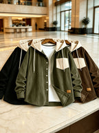 Men'S Fashion Corduroy Hooded Long Sleeve Shirt, Men'S Casual 3pcs Set Hooded Top Shirt - Black Plus Green Plus Brown