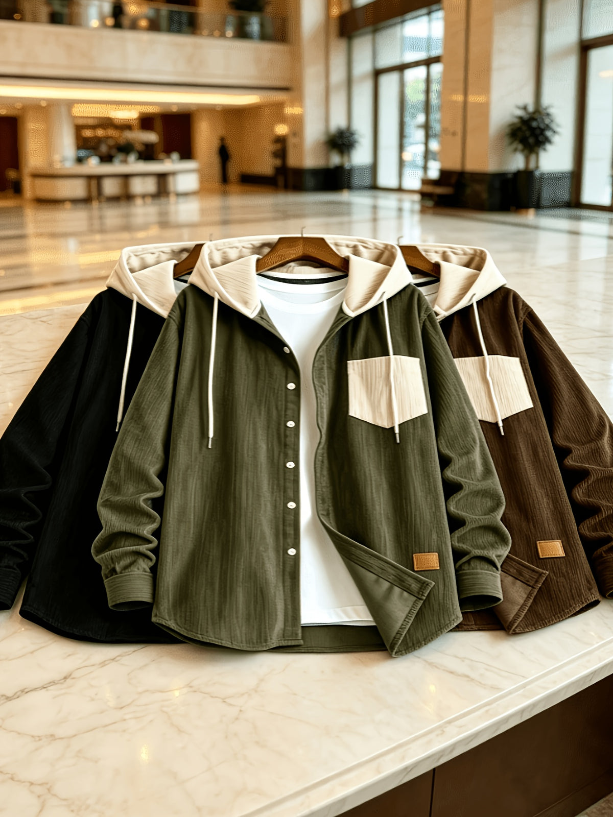 Men'S Fashion Corduroy Hooded Long Sleeve Shirt, Men'S Casual 3pcs Set Hooded Top Shirt - Black Plus Green Plus Brown