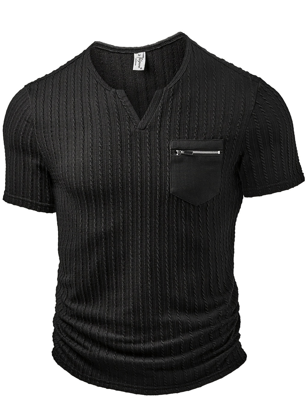 Men's Fashion Top, Spring/Summer Outdoor Casual Textured Jacquard Fabric, Solid Color Small V-Neck Pocket Patchwork Short Sleeve Men's Henley Shirt - Black